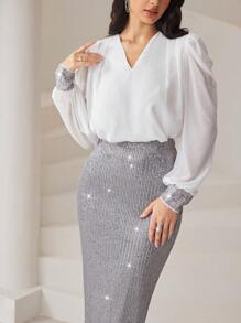 Modelyn 2 件套女士优雅亮片拼布长袖上衣和裙子套装 2 件套 - 彩色 - 查看 8