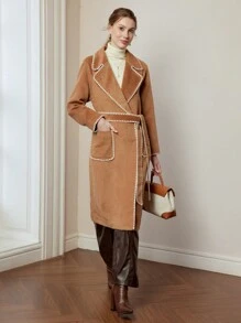 MOTF PREMIUM ÁO KHOÁC CỔ VẢI TƯƠNG PHẢN CÓ VẢI TÚI CÓ THẮT LƯNG - Lạc đà - Xem 6