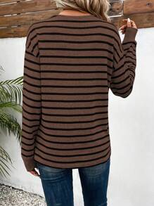 SHEIN LUNE Áo thun nữ tay dài cổ tròn kẻ sọc, kiểu dáng thường ngày, thích hợp cho mùa xuân thu. - Cà phê nâu - Xem 2