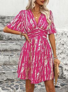 Breezaya Summer Casual All-Over Print Ruched Ruffle Sleeve Dress - Hot Pink - View 3