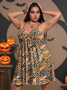 Livia Canto Studio 艺术家加大码万圣节老虎图案休闲度假优雅吊带连衣裙、节日、派对、新年前夜服装 - 彩色 - 查看 8
