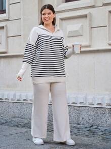 EURMUSE Plus Size Sweater Women Stripe Pattern Zip Detailed Neck Drop Shoulder Pullover Sweater & Pants Set, For Winter - Multicolor - View 1