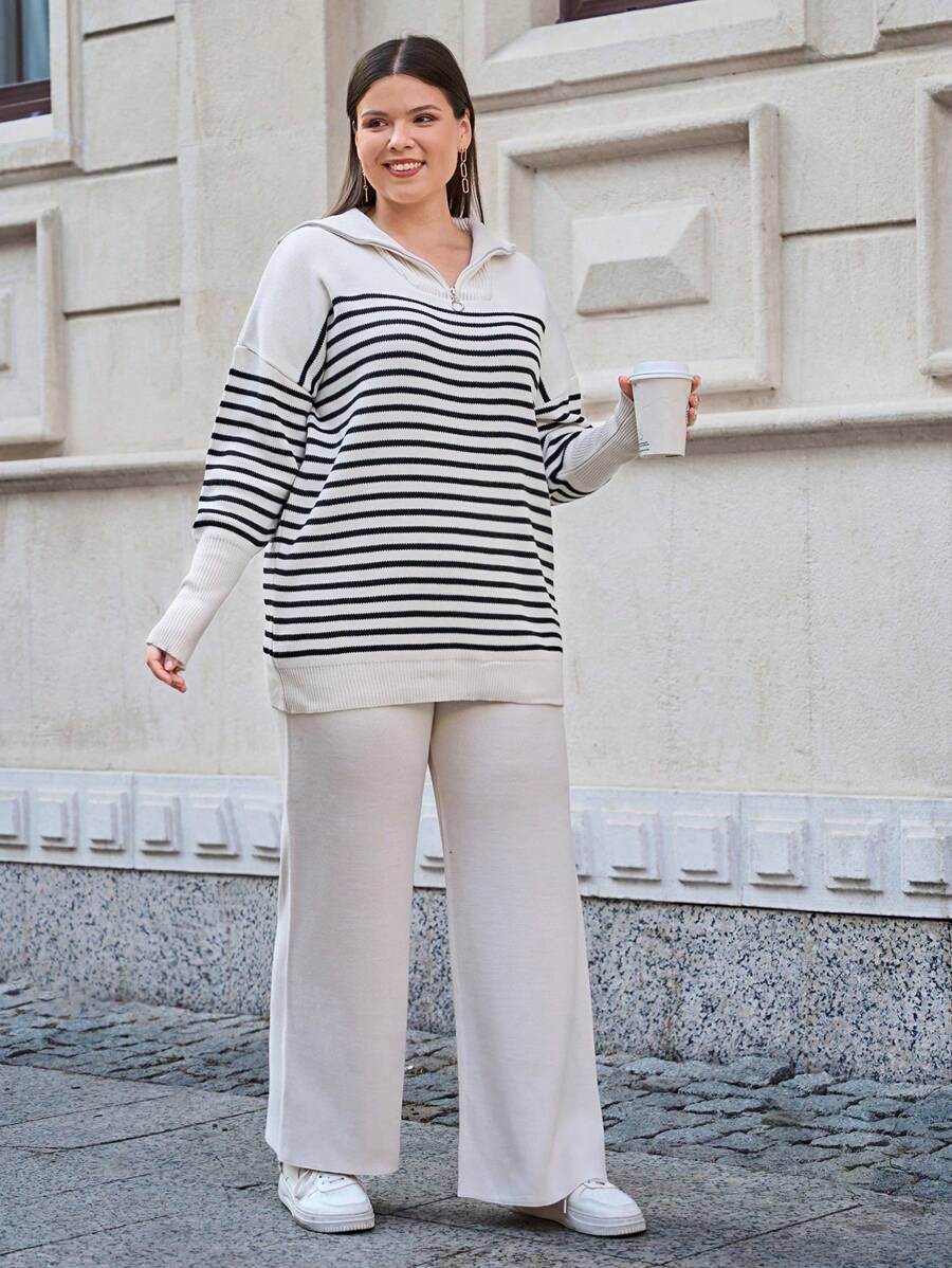 EURMUSE Plus Size Sweater Women Stripe Pattern Zip Detailed Neck Drop Shoulder Pullover Sweater & Pants Set, For Winter - Multicolor - View 1