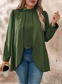 EMERY ROSE Áo cánh tay bồng cổ đứng màu trơn thanh lịch mùa xuân và thu cỡ lớn cho nữ - xanh quân đội - Xem 7