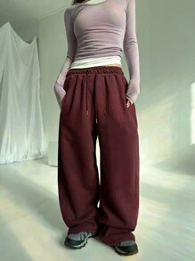 DAZY 女士纯色弹力腰带抓绒运动裤，休闲圣诞节和中国新年装扮，四季皆宜的女士慢跑裤，冬季款 - 酒紅色 - 查看 5