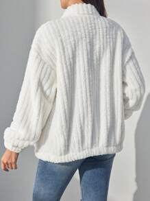 SHEIN Maternity Drop Shoulder Letter Patched Teddy Jacket, Winter - White - View 2