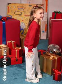 2 件女童圣诞时钟套头衫和可爱图案阔腿裤套装，圣诞装