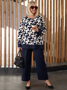 EMERY ROSE Bộ 2 áo sơ mi họa tiết hình học cỡ lớn cho nữ và quần xanh - Màu xanh lam - Xem 1