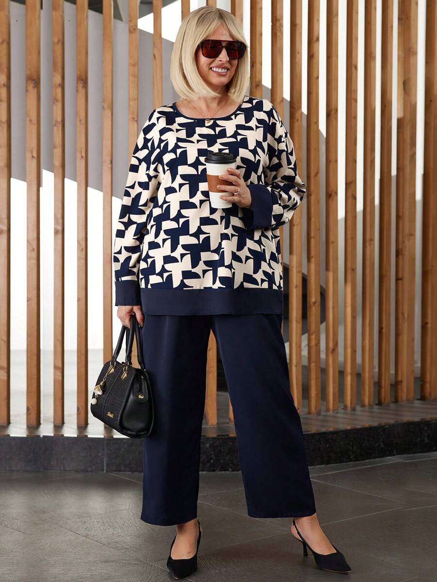 EMERY ROSE Bộ 2 áo sơ mi họa tiết hình học cỡ lớn cho nữ và quần xanh - Màu xanh lam - Xem 1