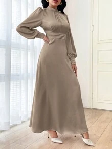 Modelyn Women Elegant Solid Color Lantern Sleeve Modest Long Sleeve Maxi Arabian Dress, Spring Summer Long Evening Dresses - Brown - View 3