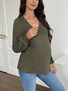 SHEIN Pregnant Women's V-Neck Long Sleeve Casual Loose T-Shirt, Spring And Autumn, For Maternity - Army Green - View 4