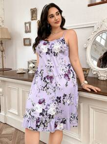 大码女式花卉印花和荷叶边下摆吊带睡袍