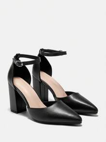 CUCCOO BIZCHIC Fashionable Black Block Heel Pointed Toe Ankle Strap Dress Pumps For Women, Suitable For Commute, Date, Party And Holiday Spring Shoes Spring Break Easter For Christmas Spring Shoes - Black - View 6