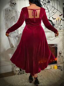 Flirla Halloween Plus Size Women Elegant Long Sleeve Button Decor Square Collar Palace Style Fall Dress - Burgundy - View 2