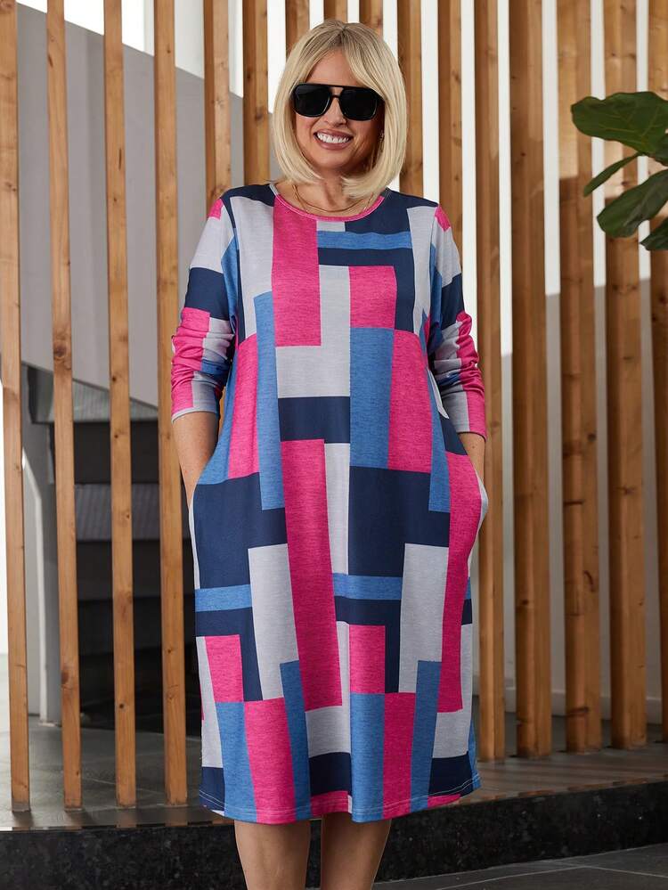 Plus Size Women Geometric Print Round Neck Long Sleeve Pocket Casual Dress, Spring Autumn