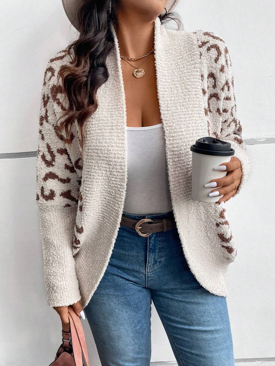 EMERY ROSE Plus Size Women Winter Long Sleeve Open Front Casual Leopard Jacquard Cardigan - Multicolor - View 1