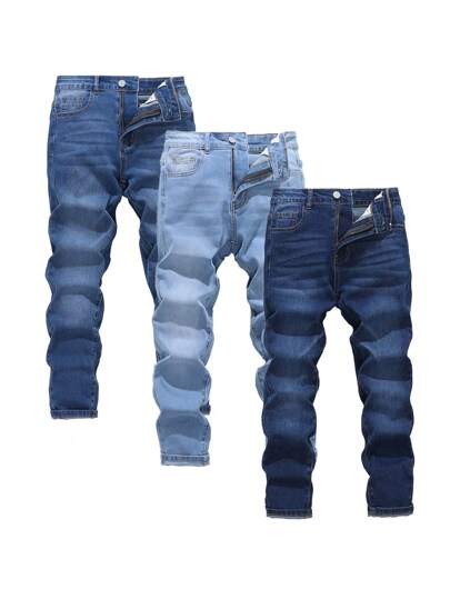 SHEIN 3pcs Tween Boy Casual 3-Color Washed Blue Denim Jeans