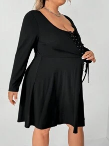 SHEIN CURVE+ Plus Size Women Dark Punk Style Lace-Up Crew Neck Long Sleeve Dress, Winter Fall Clothes Halloween - Black - View 3