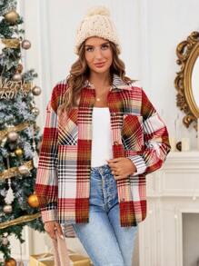 SHEIN Essnce Women's Loose Red And White Plaid Corduroy Coat,Christmas Autumn Long Sleeve Drop Shoulder Jacket With Pocket,Casual Stylish Occasion Commuting Wear - Multicolor - View 7