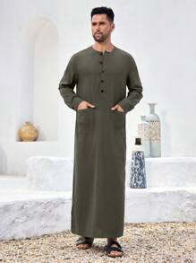 Manfinity Homme 男士长袖半开前口袋棉质长袍，舒适 - 綠色 - 查看 4