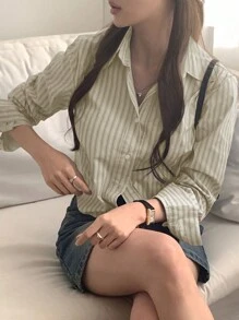 DAZY Women's Striped Form-Fitting Cropped Long Sleeve Shirt, Beige, Spring/Autumn,Fall Women Clothes