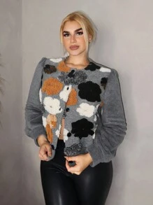 Zolique Women Autumn/Winter Long Sleeve Short Floral Patchwork Fashion Jacket - Grey - View 1