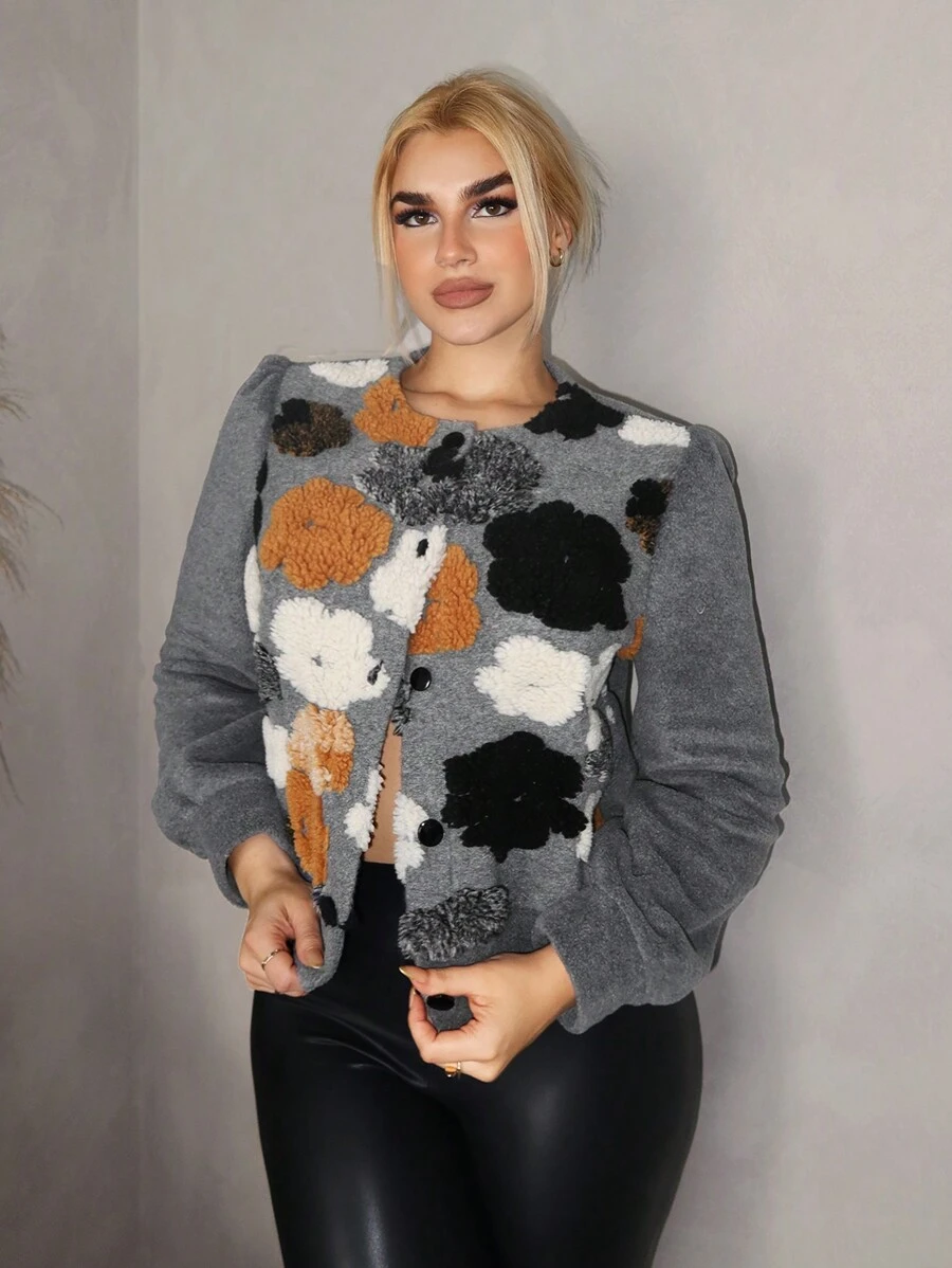 Zolique Women Autumn/Winter Long Sleeve Short Floral Patchwork Fashion Jacket - Grey - View 1