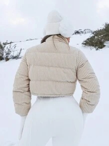 SHEIN SXY 秋冬季女士休闲罗纹布厚外套 - 杏色 - 查看 2