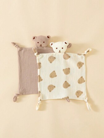 2 件装 100% 纯棉婴儿熊图案多用途平纹细布手帕/口水围兜