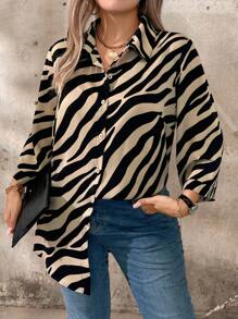 EMERY ROSE 大码女式春秋长袖休闲斑马纹衬衫