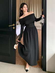 DAZY 女士优雅露肩收腰长袖纯色连衣裙，秋季，生日舞会礼服，秋季女装 - 米色 - 查看 1