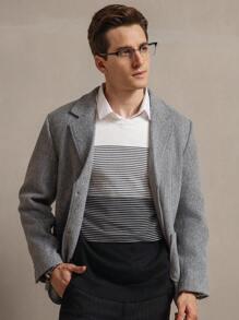 Manfinity Homme Áo len nam cổ tròn dài tay kẻ sọc thường ngày, Thu/Đông - màu đen - Xem 7