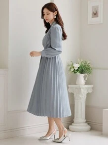 DAZY Solid Color Mid-Length Dress With Pleated Waistband For Women,Fall Clothes Long Sleeve Dress - Blue - View 4