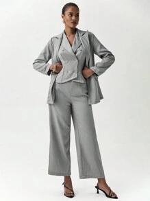 Chiquease Women's Front Button Collared Striped Blouse And Pants Casual Suit Set - Grey - View 3