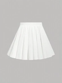 SHEIN Girlism Saia Branca Plissada com Zíper Lateral, de Cor Sólida, Casual, para Meninas Adolescentes, de Volta às Aulas, Uso Diário - Branco - Visão 2