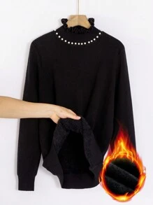 Flirla Plus Size Casual Faux Pearls Decor Stand Collar Sweater For Spring & Fall Knit Pullover Fall Winter - Black and White - View 3
