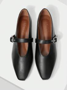 MOTF PREMIUM 女士平底方头玛丽珍鞋，时尚复古简约新年假期、情人节 - 黑色 - 查看 5