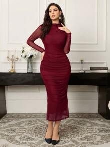 Vestido elegante largo de manga larga con cuello alto, contraste de malla y plisados, de color rojo burdeos, para mujer, vestido largo de noche - Burdeos - Ver 3