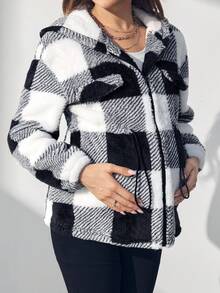 SHEIN Maternity Buffalo Plaid Print Hooded Flannel, Hooded Flannel Jacket, For Winter - Black and White - View 6