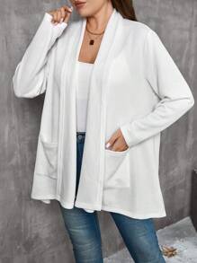 EMERY ROSE 大码女式纯色长袖翻领口袋宽松休闲羊毛夹克，秋冬 - 白色 - 查看 4