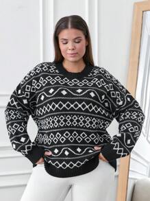 RueChic Plus Relaxed Fit Winter Jacquard Sweater - Black and White - View 4