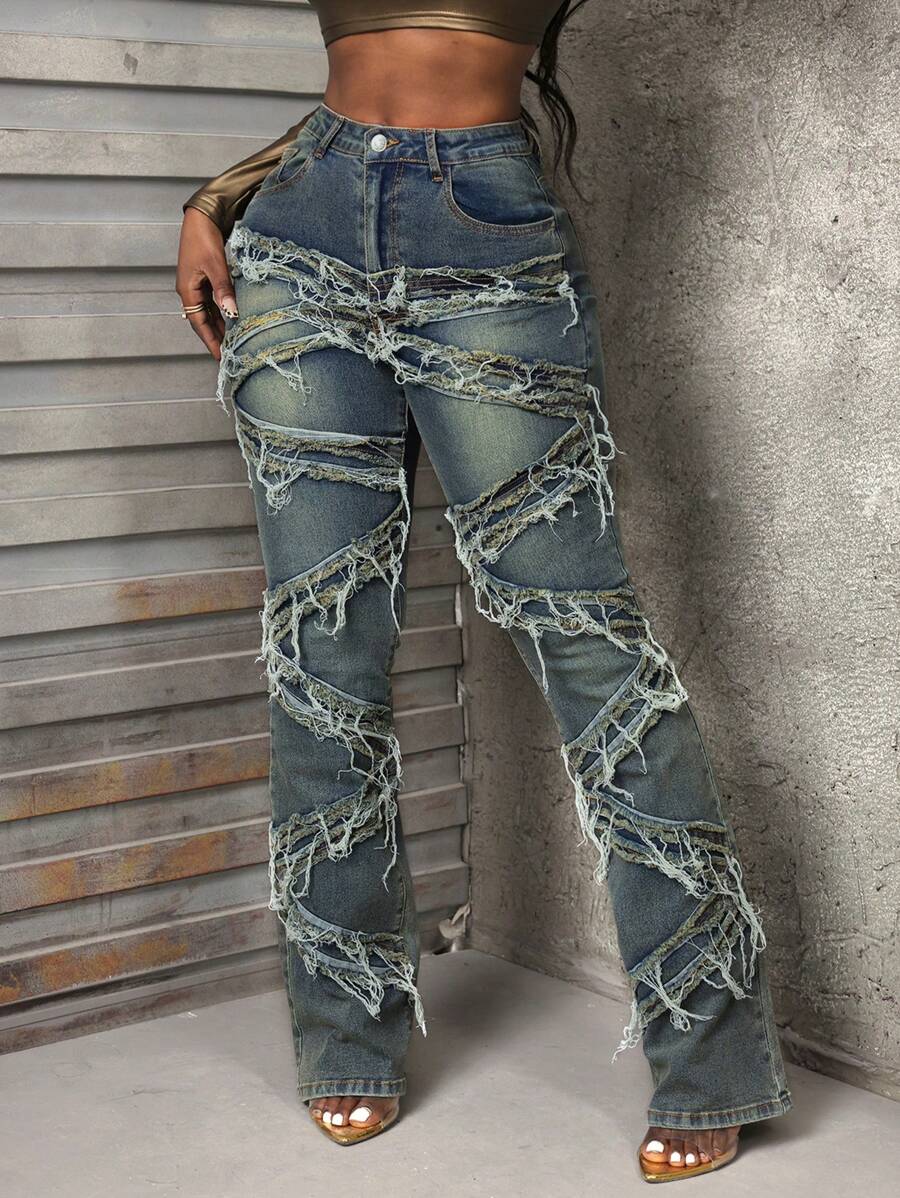 Quần Jeans Denim Rửa Sạch Viền Xỉn Phong Cách Đường Phố Thường Ngày Cho Nữ - Màu xanh lam - Xem 1