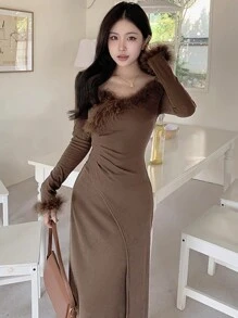 DAZY 女式毛绒拼布长袖衬衫休闲长裙，秋季服装 - 棕色 - 查看 1