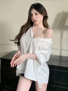 DAZY Blus Patchwork Lengan Lonceng dengan Hiasan Renda Transparan untuk Pakaian Kantor Wanita, Atasan Lengan Panjang untuk Pakaian Musim Gugur - Putih - View 3
