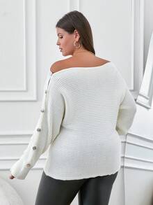 RueChic Plus Size Women Gold Button Detailed Drop Shoulder Elegant Sweater - Apricot - View 2