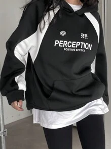 DAZY Áo nỉ trùm đầu họa tiết chữ màu phong cách đường phố rộng rãi dành cho nữ, áo dài tay, quần áo mùa thu, mùa đông - màu đen - Xem 4