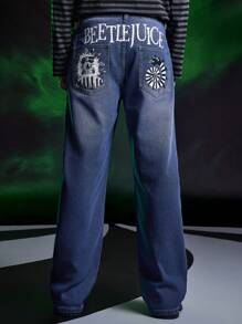 ROMWE MEN Beetlejuice | ROMWE Men Casual Cartoon And Letter Printed Wide Leg Jeans - Purple - View 1