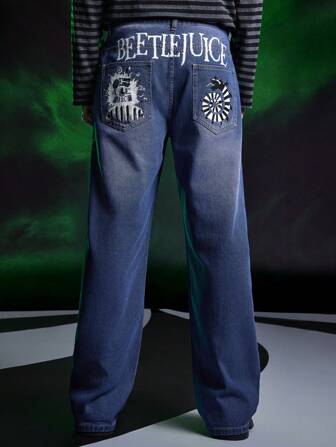 Beetlejuice | ROMWE Men Casual Cartoon And Letter Printed Wide Leg Jeans