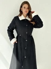SHEIN Privé Women Mid-Length Waist Drawstring Ruched Pocket Casual  Jacket - Black - View 4