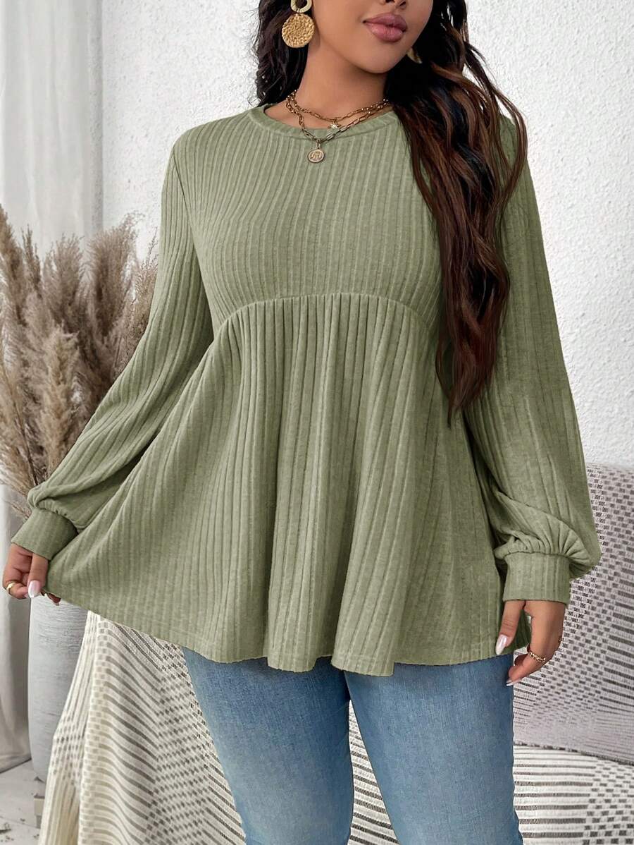 SHEIN LUNE Plus Size Autunu Casual Ribbed Knit Babydoll Sweater T-Shirt - Olive Green - View 1